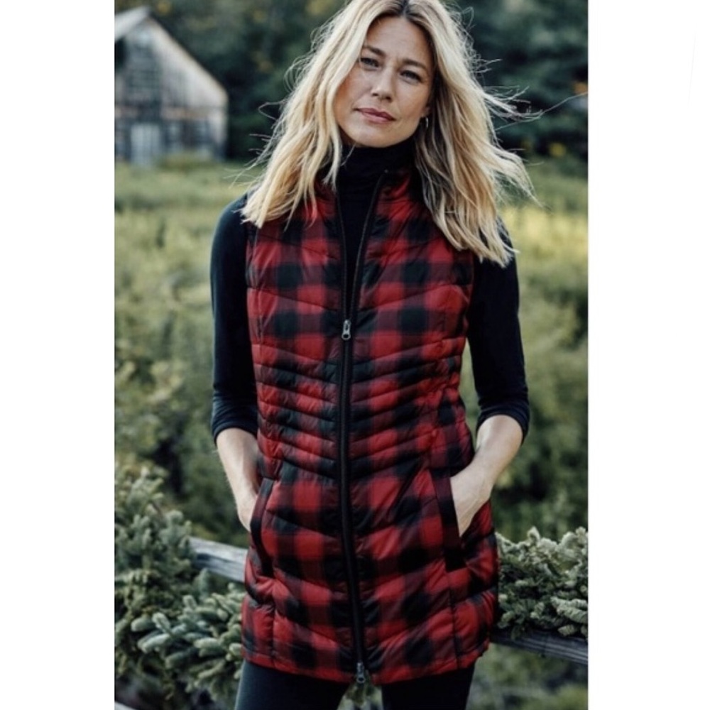 J. Jill Red and Black Plaid Quilted Puffer Vest